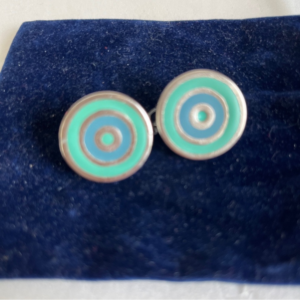 Vtg Trafari Earrings Round Aqua & Teal w Silvertone Clip-On Concentic Circles